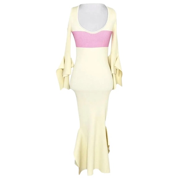 NWT Roland Mouret Yellow Pink Ribbed Scoop Neck Cutout Shoulder Midi Dress sz L - Picture 1 of 14